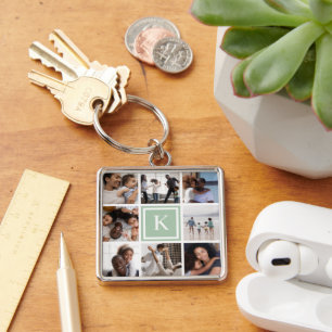 Porte-clés Sage Green Monogramme 8 Photo Collage