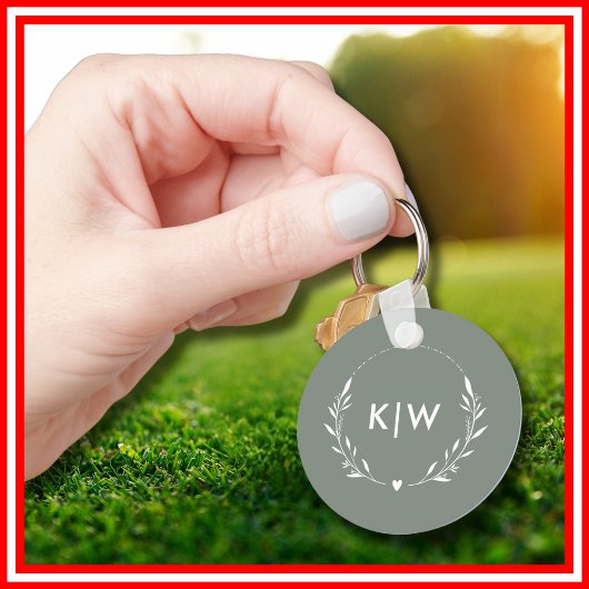 Porte-clés Sage vert et blanc | Monogramme des initiales mode