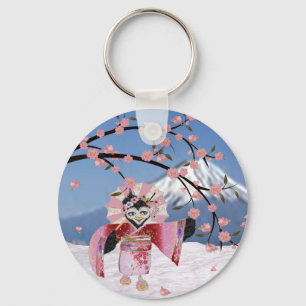 Porte-clés Sakura Geisha Bird dans les fleurs de cerisiers de