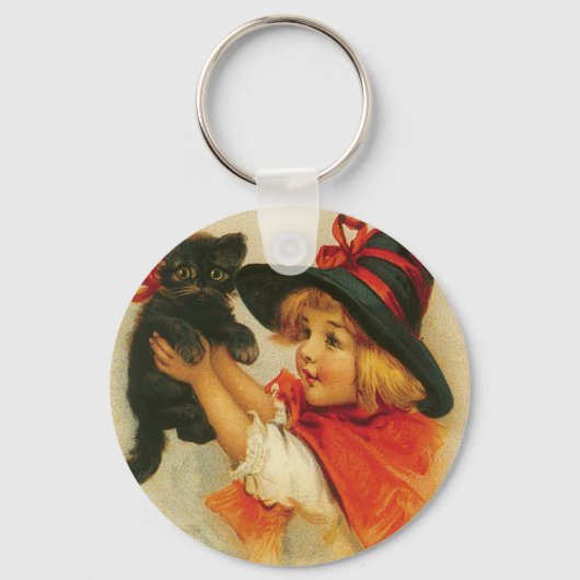 Porte-clés Salutations d'Halloween d'une fille et de son chat (Recto)