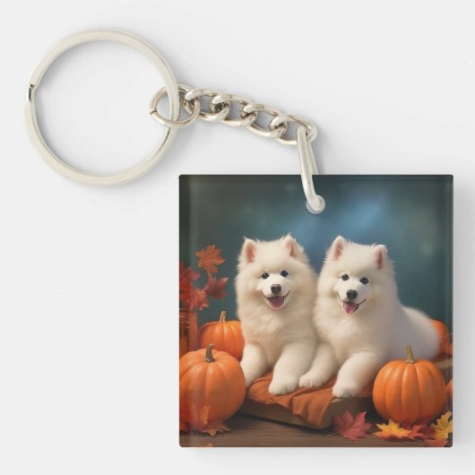 Porte-clés Samoyed Chiot Automne Citrouille de plaisir (Devant)