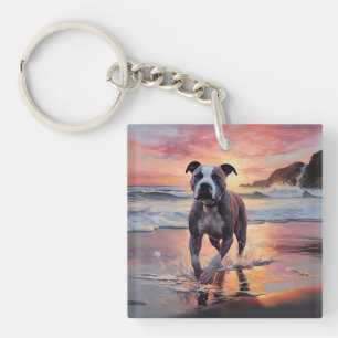 Porte-clés Sandy American Staffordshire Dog on Beach Sunset