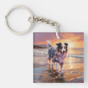 Porte-clés Sandy Australian Shepherd Dog on Beach Sunset