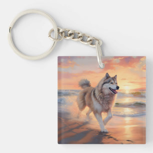 Porte-clés Sandy Paws Malamute Alaskan sur la plage au couche