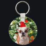 Porte-clés Santa Hat Bulldog Christmas Tree Snowman boîte cad<br><div class="desc">Mignonne photo Bulldog avec boîte cadeau de Noël Tree Snowman en arrière - plan. Un cadeau parfait pour Noël !</div>