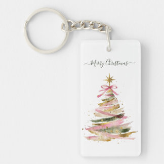 Porte-clés Sapin de Noël élégant rose et or à l'aquarelle