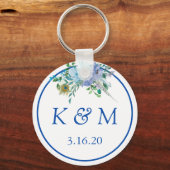 Porte-clés Sapphire Blue Floral Monogramme Mariage Faveur (Recto)