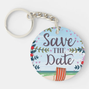 Porte-clés Sauvegarder la date vintage plage et chaise de pon