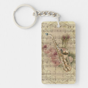 Porte-clés Saxophone floral vintage de musique de feuille