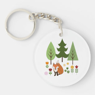 Porte-clés Scandinavian Style Fox Flowers Trees Illustration
