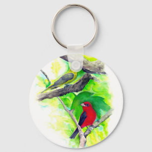Porte-clés Scarlet Tanagers Oiseaux Aquarelle Peinture