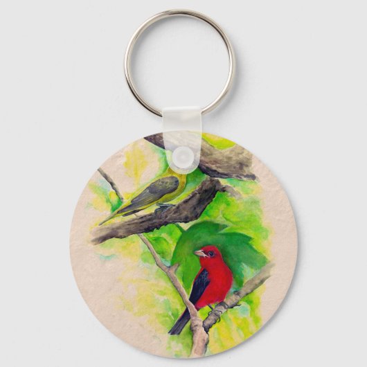 Porte-clés Scarlet Tanagers Oiseaux Aquarelle Peinture Keycha (Recto)