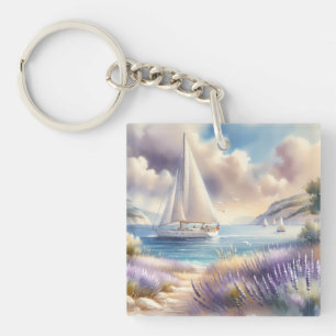 Porte-clés Scène aquarelle de voilier sur la Côte de Lavande