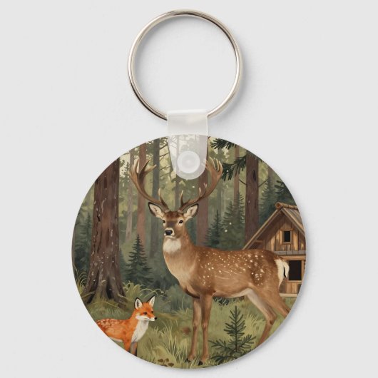 Porte-clés Scène de cabane forestière avec cerf et renard (Recto)