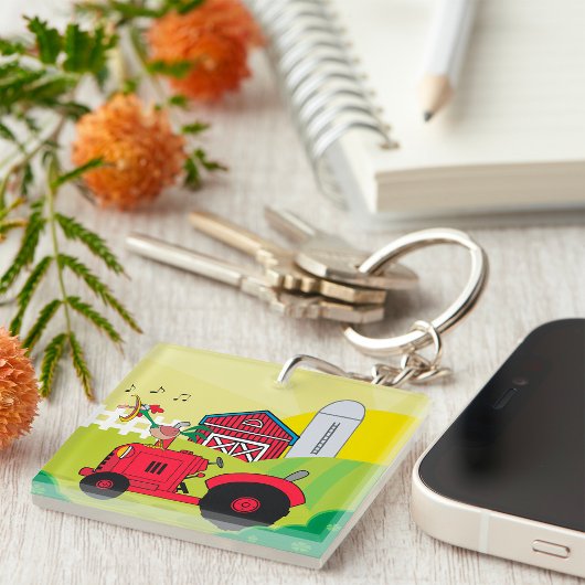 Porte-clés Scène de ferme avec coq chantant sur tracteur