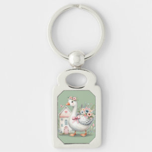 Porte-clés Scène de maison florale de l'oie de cottage