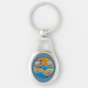 Porte-clés Scène de plage de phare fantaisiste, art folkloriq