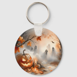 Porte-clés Scène d'Halloween lunaire avec citrouille et fantô