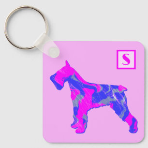 Porte-clés Schnauzer Chien Mignon Silhouette Rose & Bleu Mono