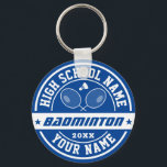 Porte-clés School Badminton Player Personalized Sports<br><div class="desc">Personalized sports gifts and merchandise for school sports team. All texts are editable to fit your occasion. Background color is editable using the design tool. Perfect souvenir for school coach and graduating seniors who are also great athletes.</div>