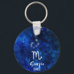 Porte-clés Scorpio Zodiac Constellation Bleu Galaxie Monogram<br><div class="desc">Scorpio Zodiac Constellation Galaxie Bleue Monogramme Design Avec police de script brossé tendance, Aquarelle céleste bleu foncé texture arrière - plan, constellation d'étoiles brillantes, et le symbole Scorpion. Symbole astrologique moderne Horoscope de naissance, est parfait pour tout Scorpion Anniversaire Du 23 octobre au 21 novembre! Avec Monogrammed en option Premier...</div>