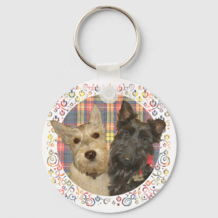 Porte-clés Scotties roux et noirs sur tartan