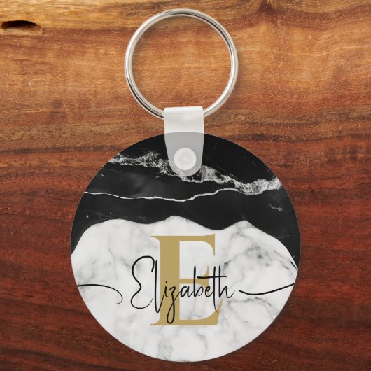 Porte-clés Script moderne noir marbre blanc or Monogramme (Recto)