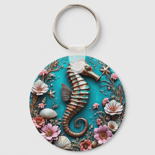 Porte-clés Sculpture de hippocampe orné entourée de fleurs