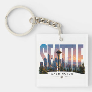 Porte-clés ☕ Seattle Voyage Vue sur la montagne Skyline ☕