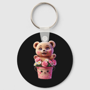 Porte-clés Seau de fleurs colorées avec un ours en peluche dr