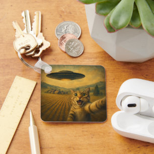 Porte-clés Selfie De Chat Avec Alien UFO Drôle Cadeaux De Cha