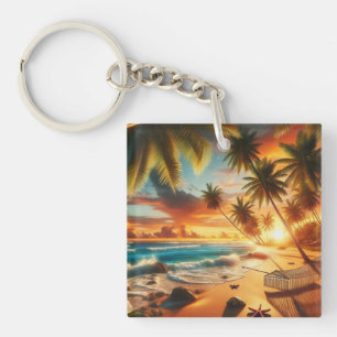 Porte-clés Serene Tropical Sunset Beach Peinture