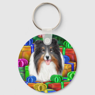 Porte-clés Sheltie Christmas Open Gifts Tri Color