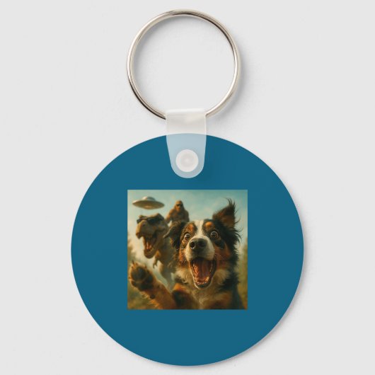 Porte-clés Shocked Australian Shepherd Dog T-rex Bigfoot Ufo  (Recto)