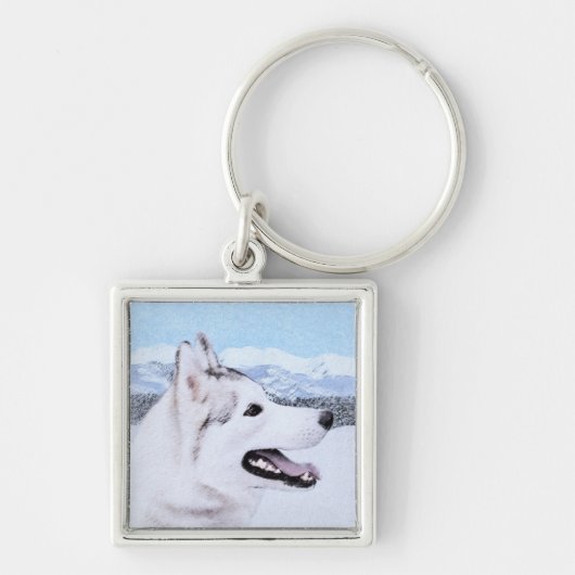 Porte-clés Sibérie Husky (argent et blanc) Peinture Chien Art (Devant)