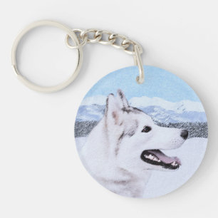 Porte-clés Sibérie Husky (argent et blanc) Peinture Dog Art
