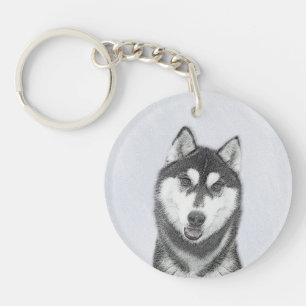 Porte-clés Sibérie Husky (noir et blanc) Peinture Chien Art