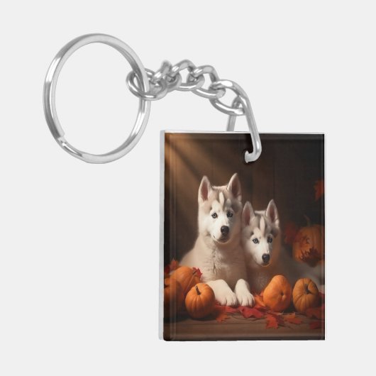 Porte-clés Sibérie Husky Puppy Citrouille d'automne (Devant gauche)