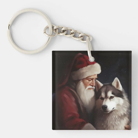 Porte-clés Sibérien Husky avec Noël Festif du Père Noël (Devant)