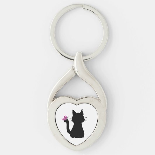 Porte-clés Silhouette de chat noir Papillon rose (Devant)
