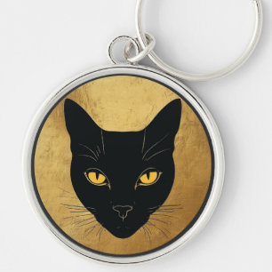 Porte-clés Silhouette de chat noir sur un cercle doré