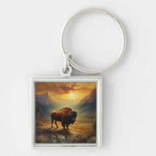 Porte-clés Silhouette du coucher de soleil de bison de buffle