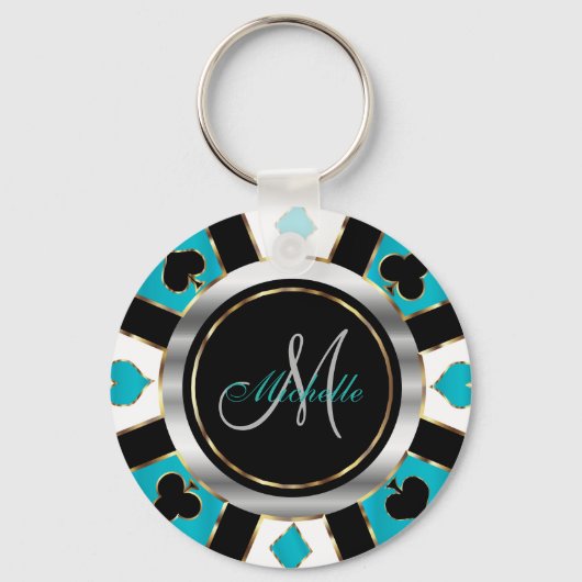 Porte-clés Silver and Turquoise Poker Chip Design - Monogram  (Recto)
