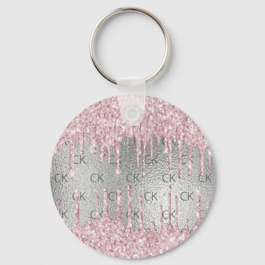 Porte-clés Silver blush pink glitter drips monogram initials (Recto)