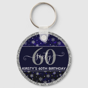 Porte-clés Silver Foil Snowflakes & blue bokeh 60th Birthday