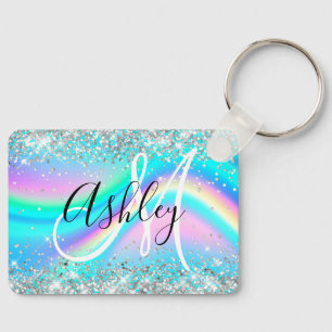Porte-clés Silver Glitter Rainbow Wave Aqua Ombre Monogram