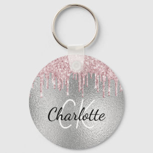 Porte-clés Silver metal glitter drips pink monogram initials