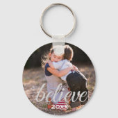 Porte-clés Silver Sparkly Believe Script Photo de Noël (Recto)