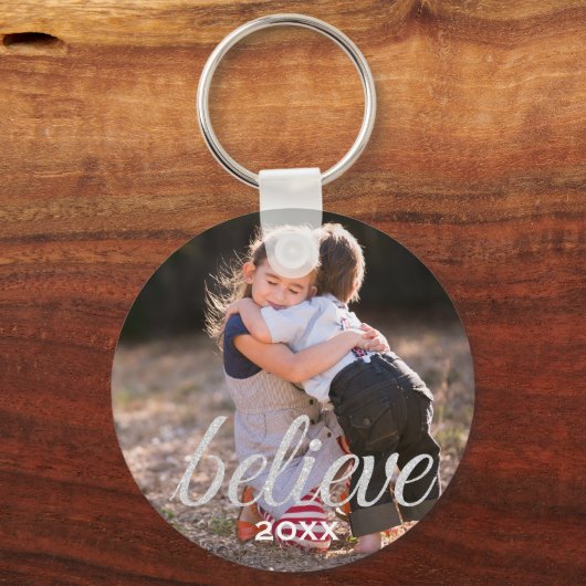 Porte-clés Silver Sparkly Believe Script Photo de Noël (Recto)