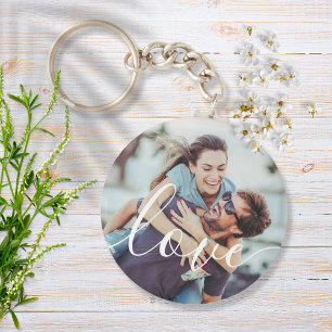 Porte-clés Simple Élégant Script Couple Photo